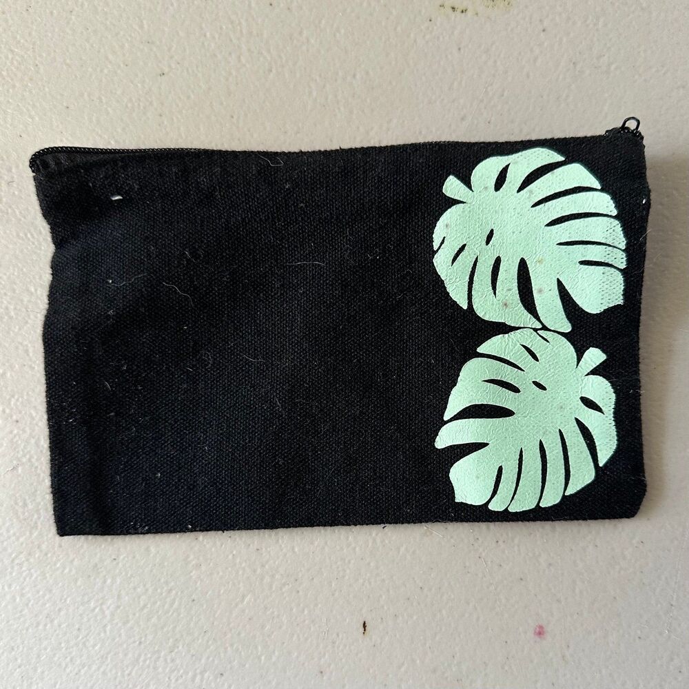 Unbranded Black Canvas Hawaiian Tropical Monstera Leaves Zipper Pouch